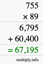 How to calculate 755 times 89 using long multiplication
