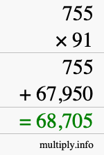 How to calculate 755 times 91 using long multiplication