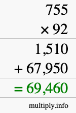 How to calculate 755 times 92 using long multiplication
