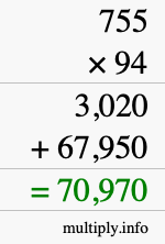How to calculate 755 times 94 using long multiplication