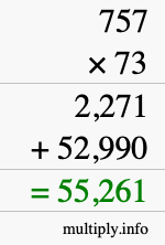 How to calculate 757 times 73 using long multiplication