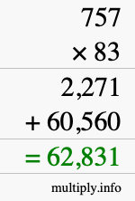 How to calculate 757 times 83 using long multiplication