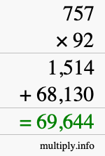 How to calculate 757 times 92 using long multiplication