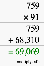 How to calculate 759 times 91 using long multiplication