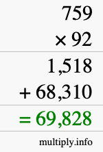 How to calculate 759 times 92 using long multiplication