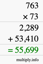 How to calculate 763 times 73 using long multiplication