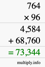 How to calculate 764 times 96 using long multiplication