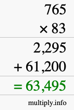 How to calculate 765 times 83 using long multiplication