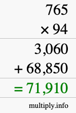 How to calculate 765 times 94 using long multiplication