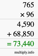 How to calculate 765 times 96 using long multiplication