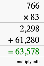 How to calculate 766 times 83 using long multiplication