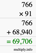 How to calculate 766 times 91 using long multiplication