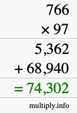 How to calculate 766 times 97 using long multiplication