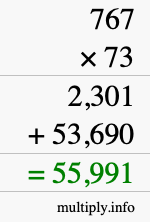 How to calculate 767 times 73 using long multiplication