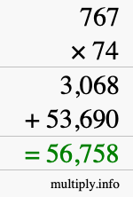 How to calculate 767 times 74 using long multiplication