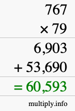 How to calculate 767 times 79 using long multiplication