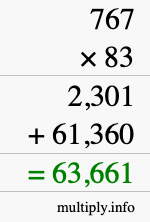 How to calculate 767 times 83 using long multiplication