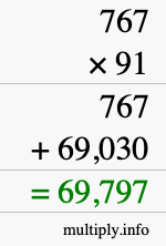 How to calculate 767 times 91 using long multiplication