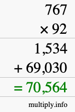 How to calculate 767 times 92 using long multiplication