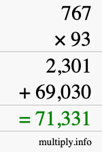 How to calculate 767 times 93 using long multiplication