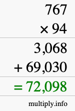 How to calculate 767 times 94 using long multiplication
