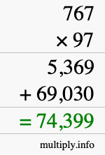 How to calculate 767 times 97 using long multiplication
