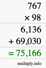 How to calculate 767 times 98 using long multiplication