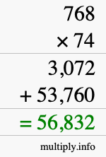 How to calculate 768 times 74 using long multiplication