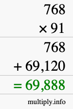 How to calculate 768 times 91 using long multiplication