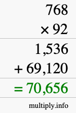 How to calculate 768 times 92 using long multiplication