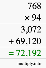 How to calculate 768 times 94 using long multiplication
