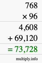 How to calculate 768 times 96 using long multiplication