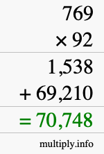 How to calculate 769 times 92 using long multiplication