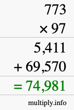 How to calculate 773 times 97 using long multiplication