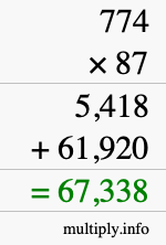 How to calculate 774 times 87 using long multiplication