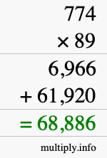 How to calculate 774 times 89 using long multiplication