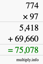 How to calculate 774 times 97 using long multiplication