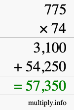 How to calculate 775 times 74 using long multiplication