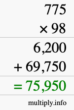 How to calculate 775 times 98 using long multiplication