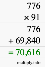 How to calculate 776 times 91 using long multiplication