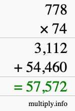 How to calculate 778 times 74 using long multiplication