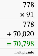 How to calculate 778 times 91 using long multiplication