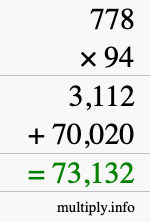 How to calculate 778 times 94 using long multiplication