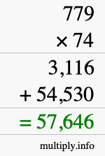 How to calculate 779 times 74 using long multiplication