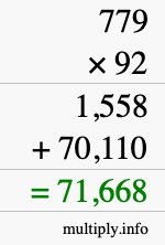 How to calculate 779 times 92 using long multiplication