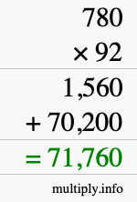 How to calculate 780 times 92 using long multiplication