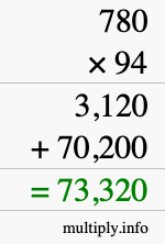 How to calculate 780 times 94 using long multiplication
