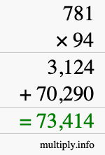 How to calculate 781 times 94 using long multiplication