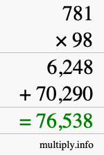 How to calculate 781 times 98 using long multiplication