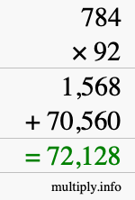 How to calculate 784 times 92 using long multiplication